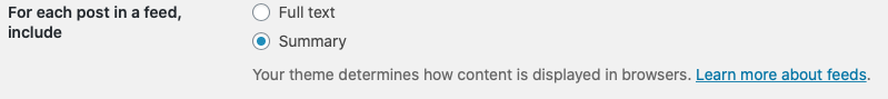 Choosing summary archive feeds in WordPress.